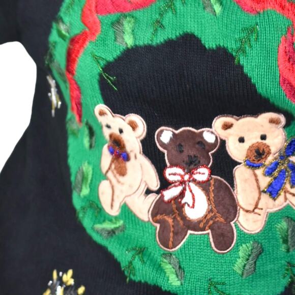 Ugly Christmas Sweater Vintage Teddy Bear Wreath Embroidery Knit Holiday Size XL - Picture 13 of 16